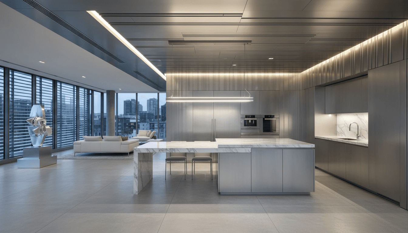 Interiores de lujo con diseño contemporáneo minimalista y elementos de aluminio arquitectónico