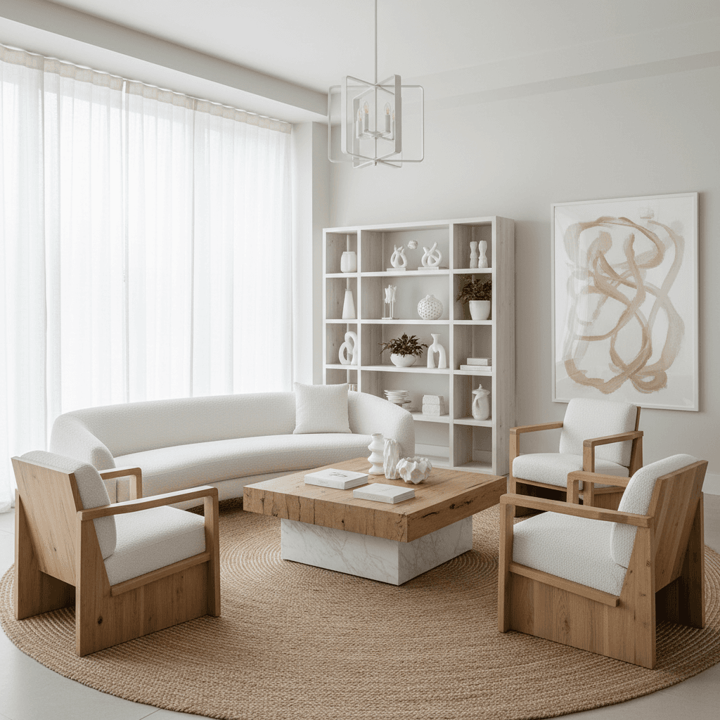 Luxury interior furniture display featuring custom-designed contemporary pieces in white and natural wood tones