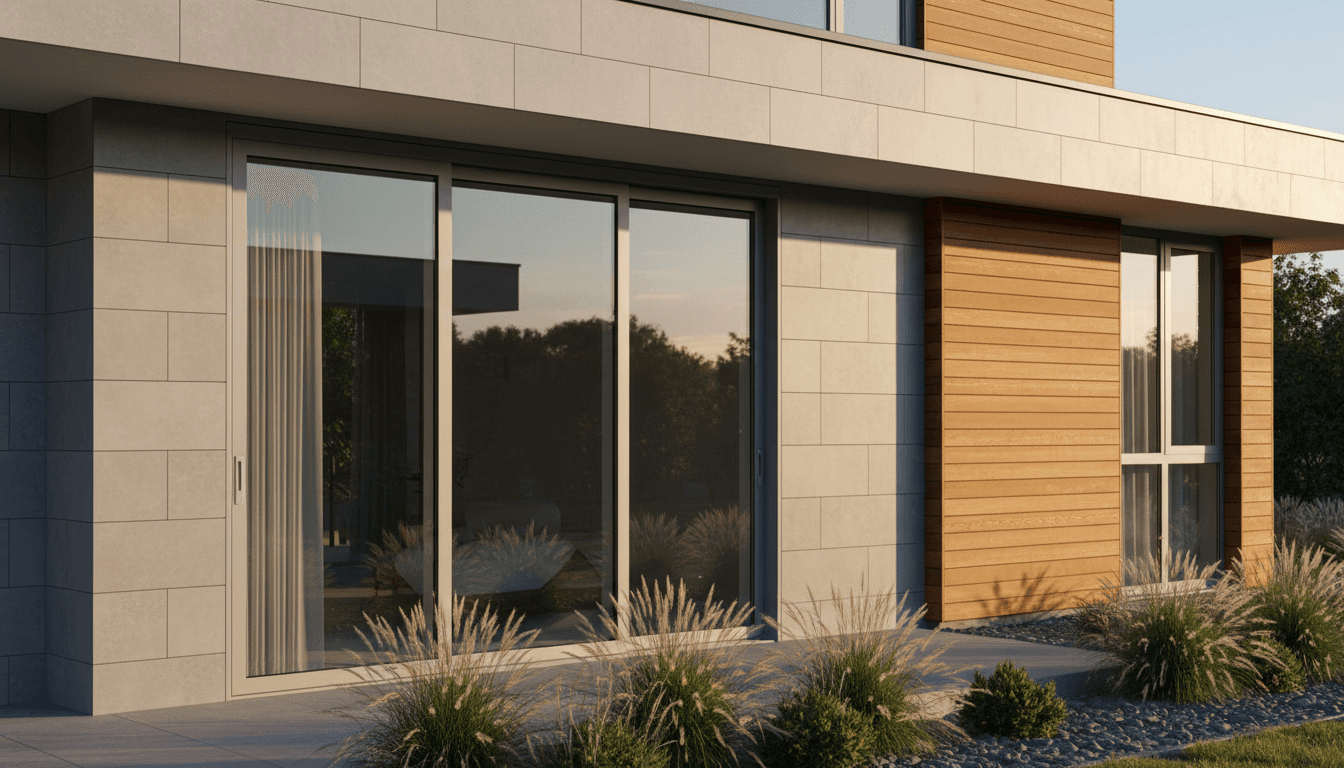 Puerta de aluminio y vidrio en fachada arquitectónica contemporánea con acabados minimalistas