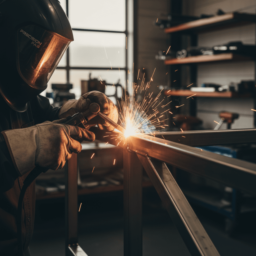 Metal fabrication workshop showing precision cutting and assembly of custom steel architectural structures