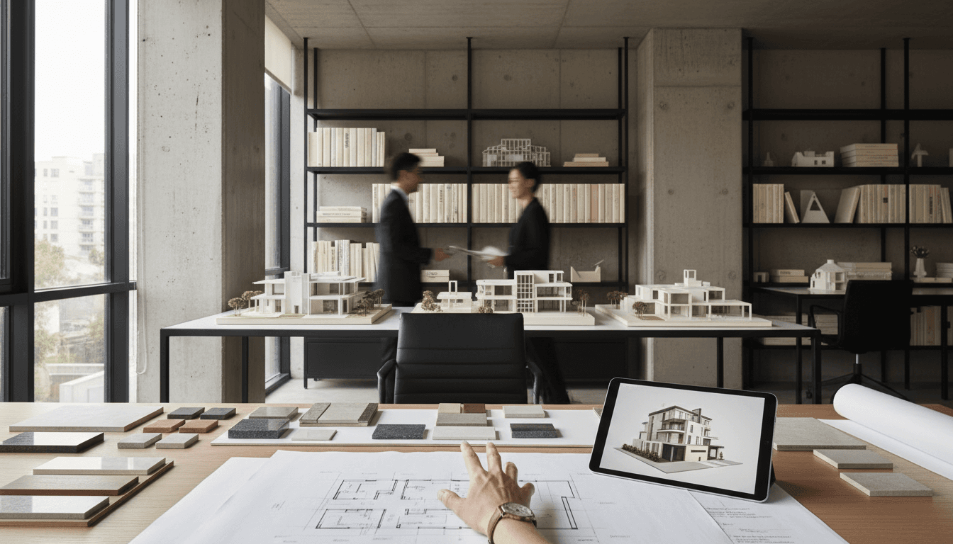 Espacio de trabajo de estudio de arquitectura moderno con visualizaciones 3D de diseño contemporáneo