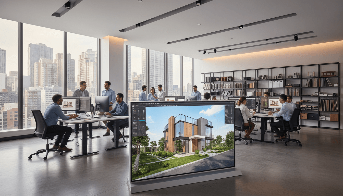 Estudio de arquitectura moderno con pantallas de renderizado 3D y diseño contemporáneo minimalista