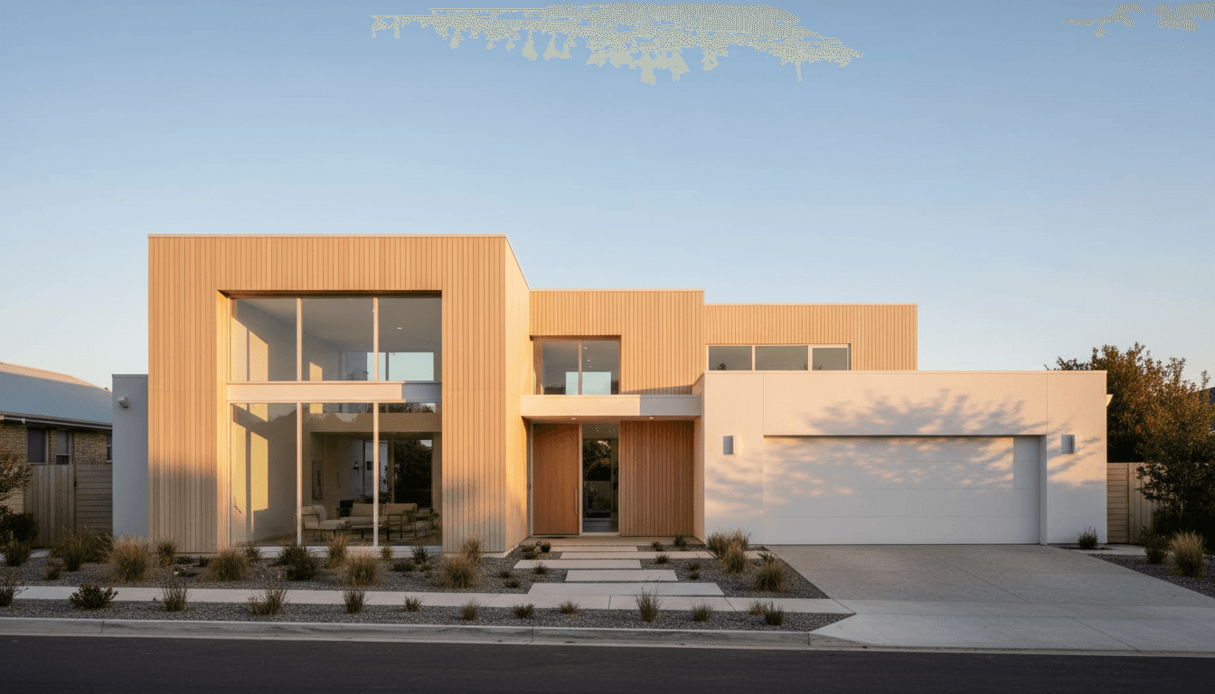 Renderizado arquitectónico de vivienda moderna con líneas limpias y ventanales amplios