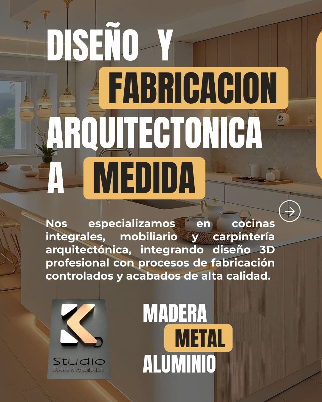 Diseño y fabricación arquitectónica a medida de cocinas integrales y mobiliario por K Studio.