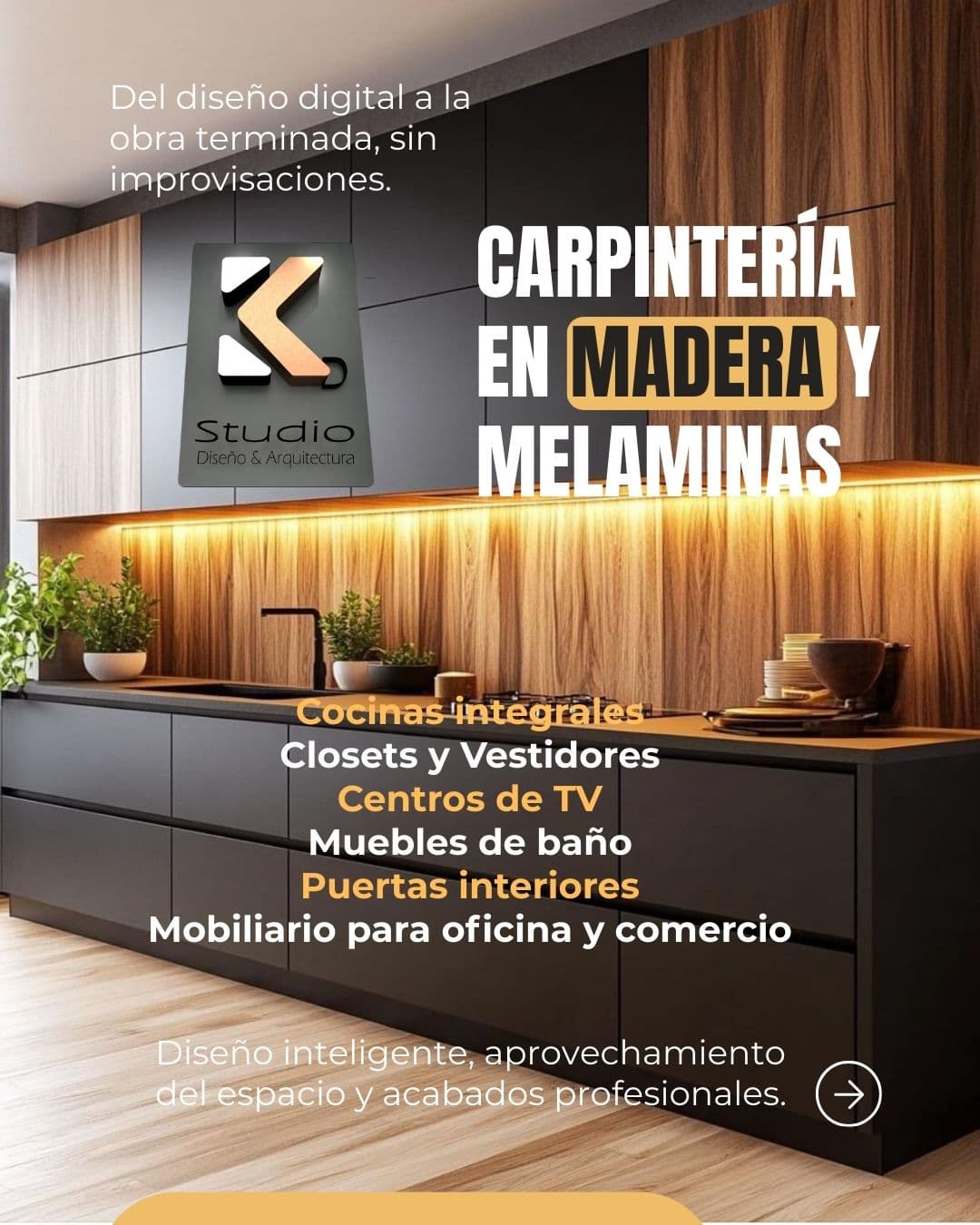 Cocina moderna con gabinetes negros y madera iluminada, anunciando servicios de carpintería y diseño.
