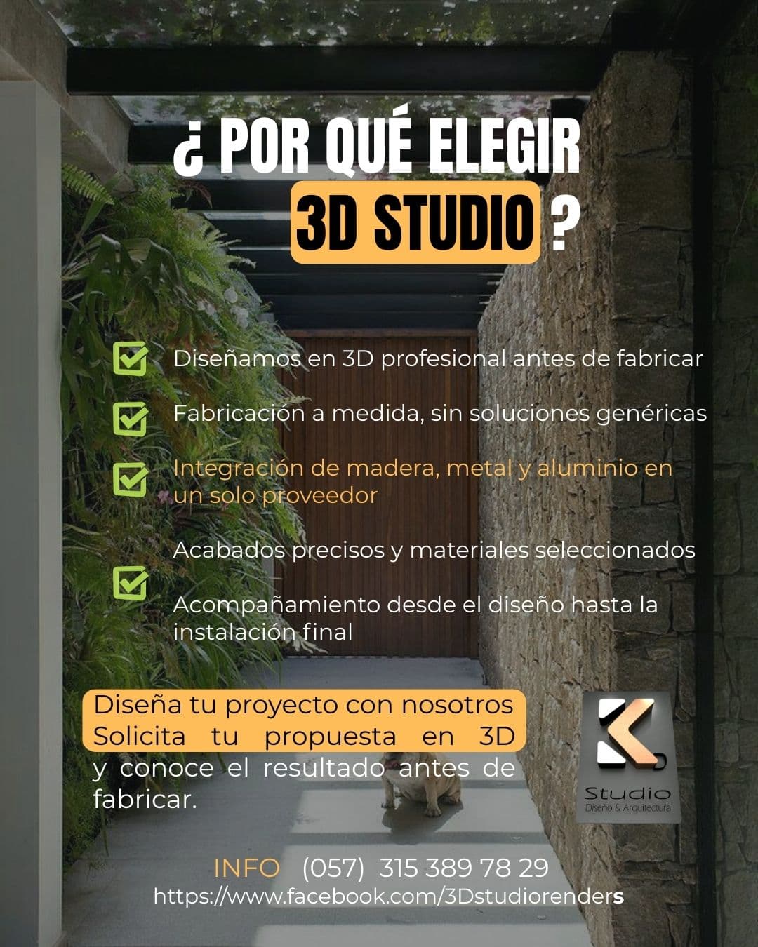 Anuncio de 3D Studio sobre diseño y fabricación arquitectónica en un pasillo con jardín vertical.