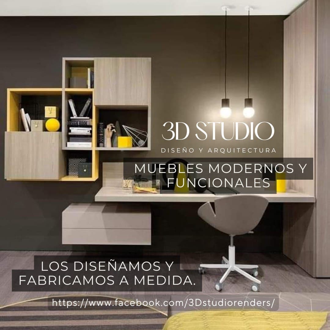 Escritorio moderno flotante con estanterías modulares de madera y silla gris en un estudio elegante.