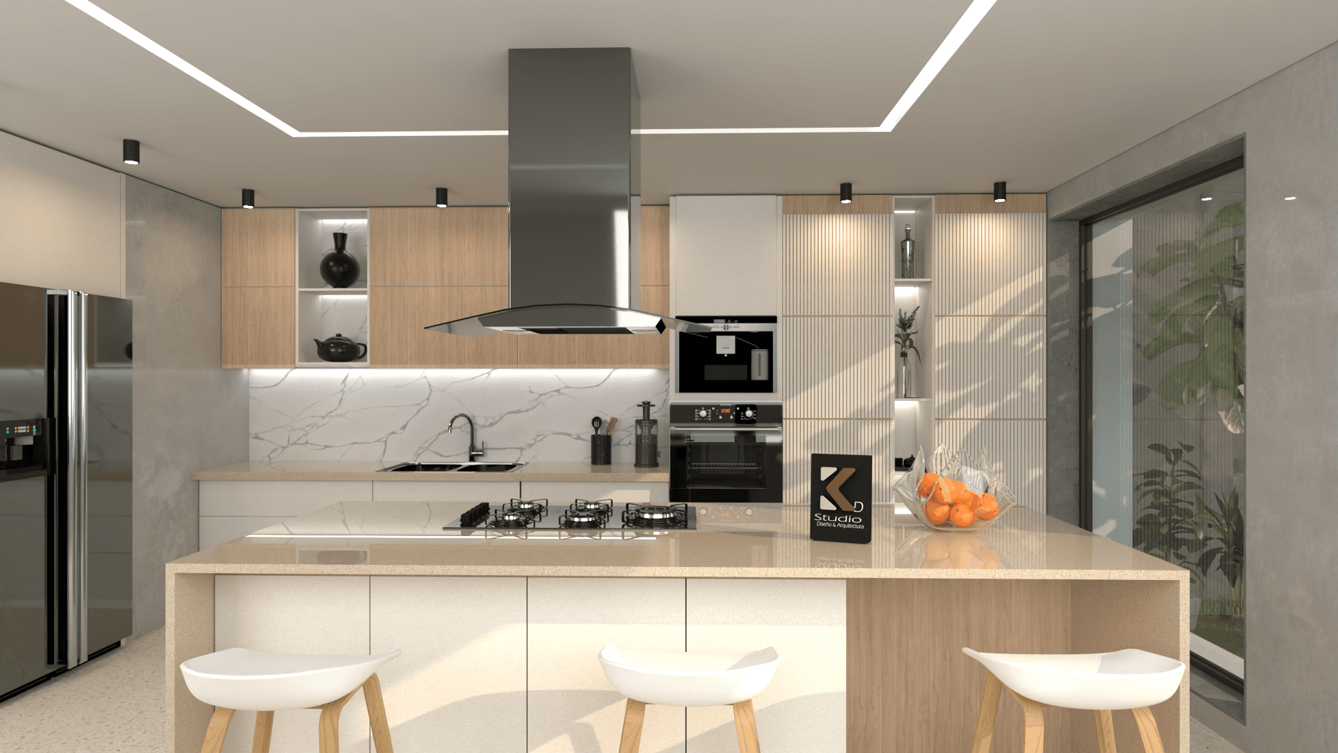 Cocina moderna con isla, taburetes blancos, salpicadero de mármol y gabinetes de madera clara.