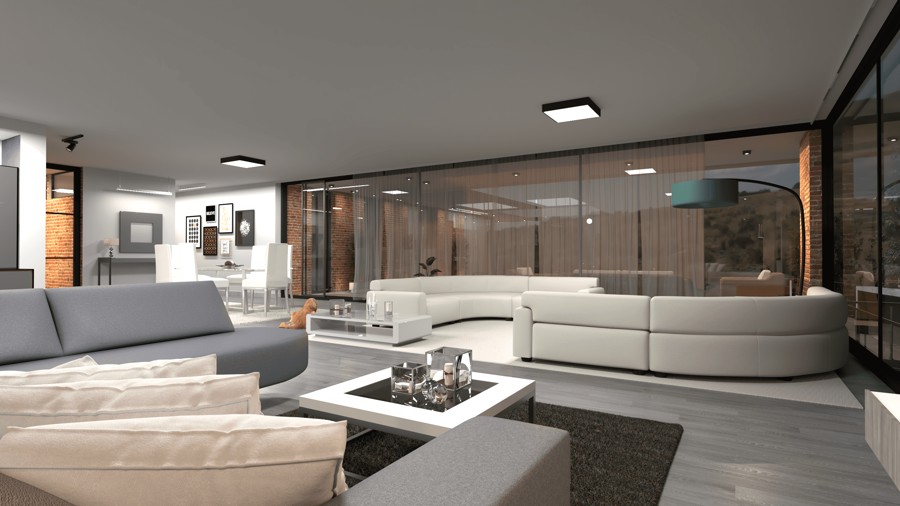 Salón minimalista con sofás blancos y grises, mesas de centro modernas y amplios ventanales.